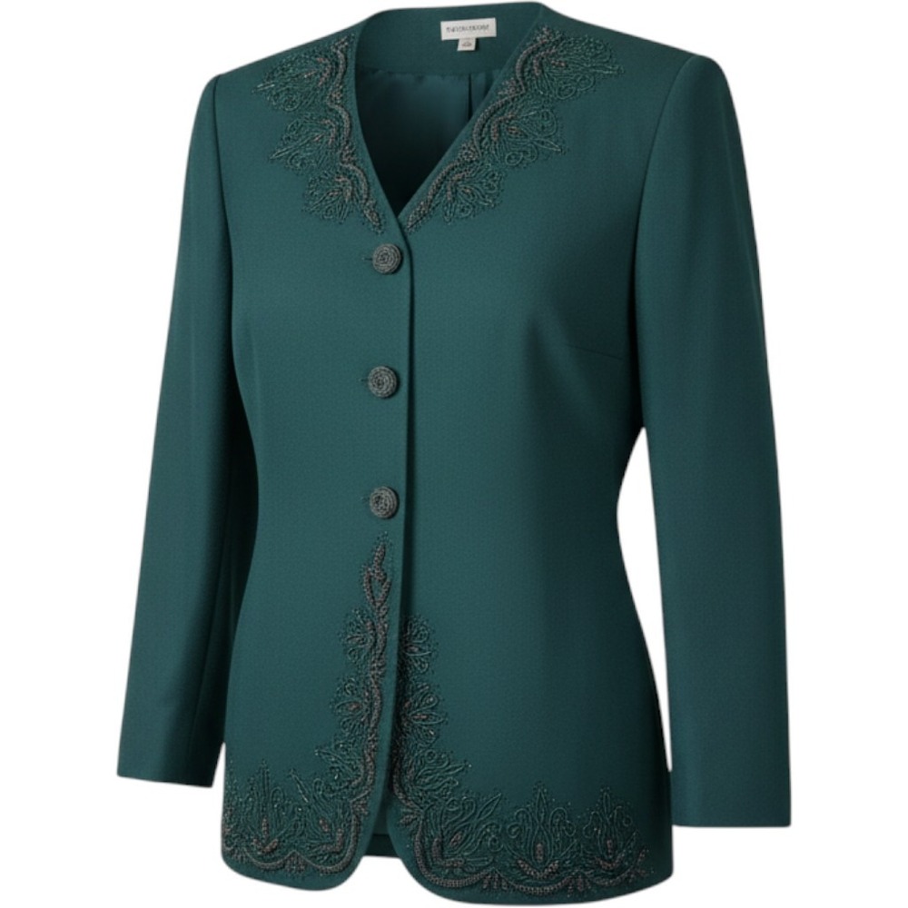 John Meyer of Norwich Green Beaded Soutache Blazer Jacket Womens 18 Forest Green
